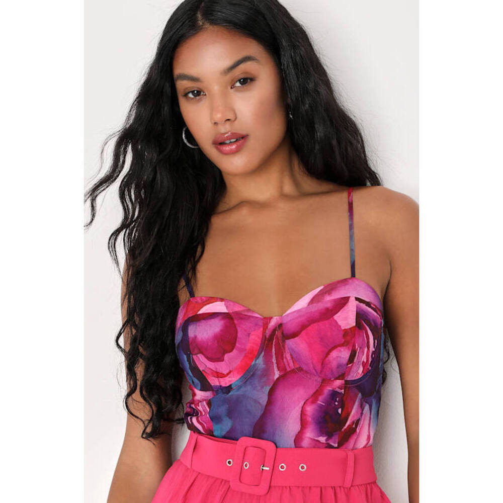 Lulus Perfect Energy Purple Multi Floral Print Bustier Bodysuit - Size XL